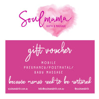 Soulmamabirth Gift card for mobile pregnancy, postnatal massage or baby massage instruction giftcard Soularoma 